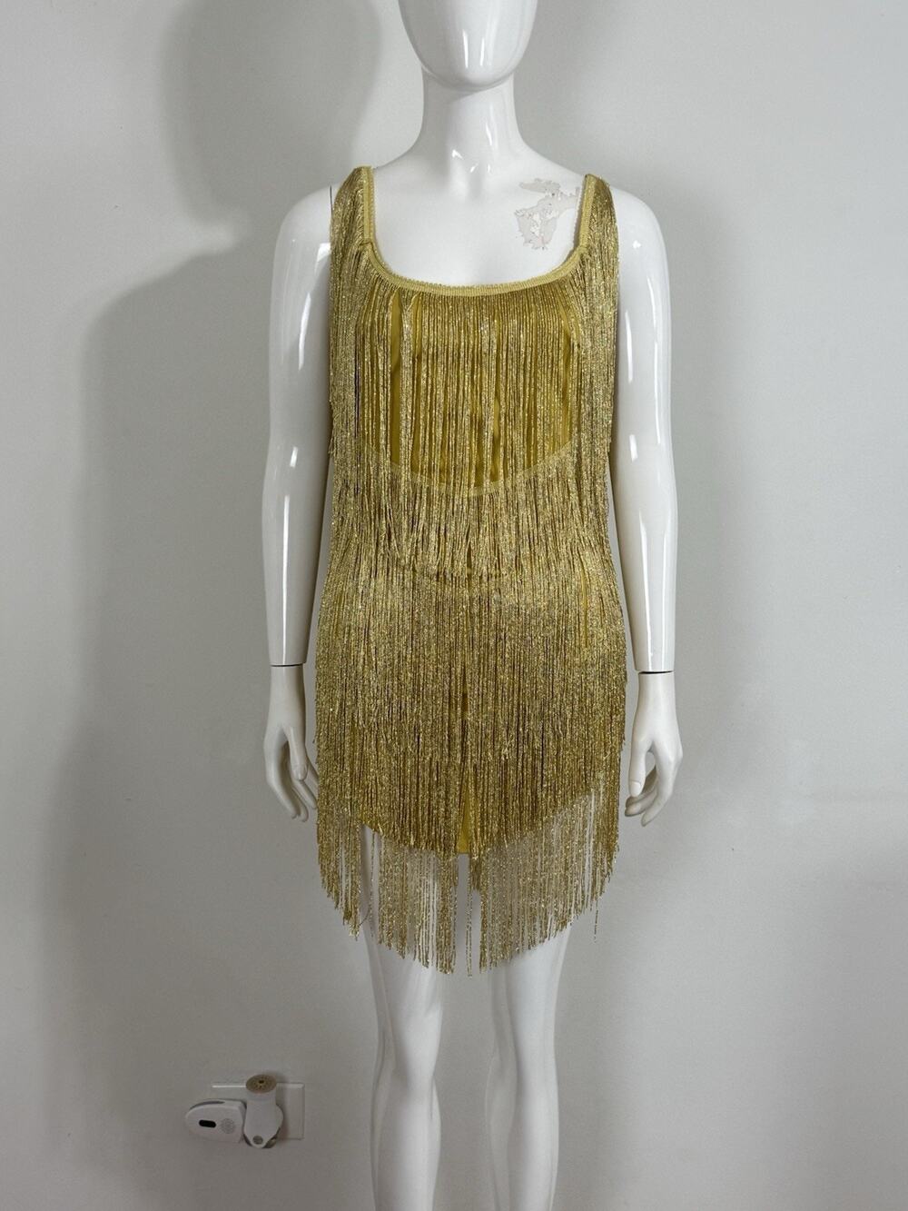 Women’s Yellow Gold Flapper Fringe Gypsy Mini Dress Low Back Party Dance Size S